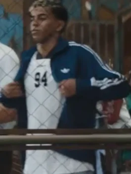Adidas Backyard Legends Lamine Yamal Blue Jacket in bold blue polyester with a stand up collar and Lamine Yamal's fearless Backyard Legends energy.