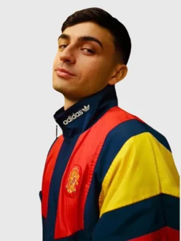 Adidas Backyard Legends Pedri Jacket highlighting professional pocket architecture and luxury full length sleeves.