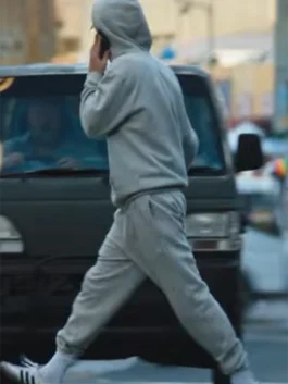 Adidas Backyard Legends Timothee Chalamet Tracksuit back view in clean grey fleece with rib knitted hem and Timothee's effortless Backyard Legends presence.
