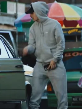 Adidas Backyard Legends Timothee Chalamet Tracksuit front view in sleek grey fleece with a hooded collar and Timothee's sharp Backyard Legends zip-up presence.
