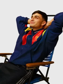 Adidas Backyard Legends Pedri Jacket showcasing professional athletic build and luxury rib knitted cuffs.