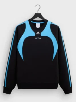 Black and blue Adidas x Kith Lionel Messi Fleece Sweater celebrating the greatest footballer through sport and streetwear