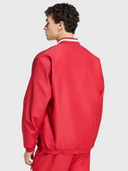 LFC Adidas 26/27 Stadium Track Jacket back view in bold maroon polyester with rib knitted collar and Liverpool FC's sharp 26/27 stadium everyday presence.