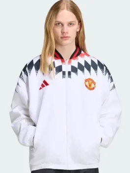 Manchester United Adidas Stadium Track Jacket in crisp white polyester with a rib knitted collar and Manchester United's bold 2026 stadium track presence.