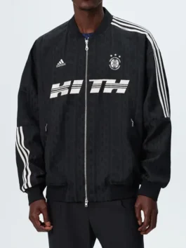 Classic black Adidas x Kith x Lionel Messi Bomber Jacket blending football heritage with modern Kith streetwear culture
