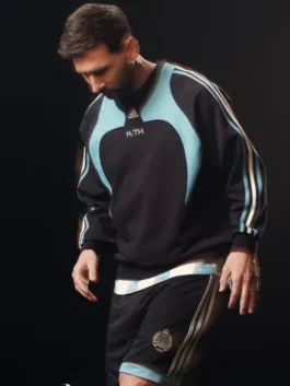 Classic black and blue Adidas x Kith Lionel Messi Fleece Sweater from the landmark Adidas x Kith x Messi collection