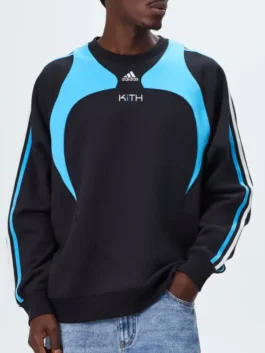 Front view of the black and blue Adidas x Kith Lionel Messi Fleece Sweater from the iconic Adidas and Kith collaboration