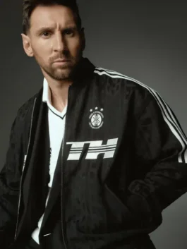 Iconic black Adidas x Kith x Lionel Messi Bomber Jacket from the landmark three-way Adidas x Kith x Messi drop
