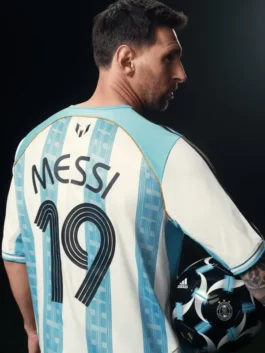 Iconic blue and white Adidas x Kith Lionel Messi Football Jersey from the Adidas x Kith x Messi collection