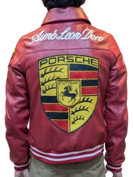Aime Leon Dore × Porsche 993 Red Leather Jacket with professional rib knitted cuffs and luxury racing-inspired build.