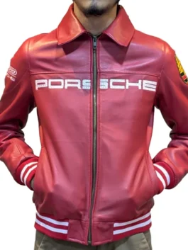 Aime Leon Dore × Porsche 993 Red Leather Jacket in professional red real leather with a luxury shirt style collar.