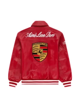 Aime Leon Dore × Porsche 993 Red Leather Jacket back view showcasing professional leather grain and luxury rib knitted hem.