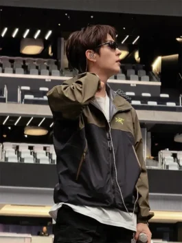 BTS World Tour Arirang Suga Stanford Stadium Jacket in professional olive green cotton with a luxury hooded collar finish.