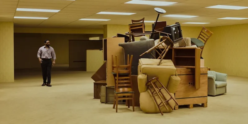 Clark (Chiwetel Ejiofor) stands facing a massive chaotic pile of malformed furniture inside the Backrooms liminal space — Backrooms movie 2026 A24 directed by Kane Parsons