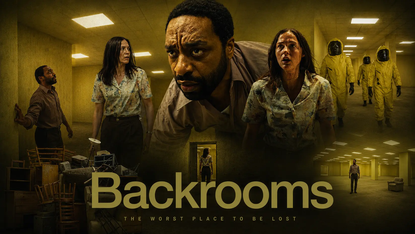 Backrooms movie 2026 official promotional banner featuring Chiwetel Ejiofor as Clark and Renate Reinsve as Mary in A24's sci-fi psychological horror film directed by Kane Parsons The Worst Place to Be Lost