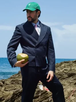 Bad Bunny Zara Blazer highlighting professional pocket architecture and luxury formal build.