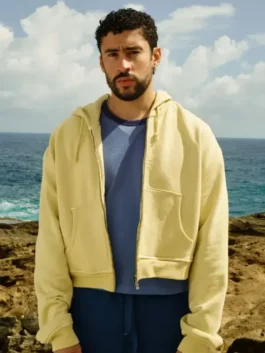 Bad Bunny Zara Hoodie highlighting professional kangaroo pockets and luxury rib knitted hem.