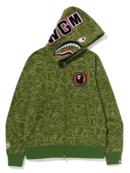 Bape 30th Anniversary Shark Camo Hoodie in bold camo fleece with a hooded collar, iconic shark detailing and Bape's legendary 30th anniversary streetwear build.