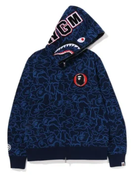 Bape 30th Anniversary Shark Camo Hoodie in bold navy camo fleece with iconic shark detailing and Bape's sharp 30th anniversary hooded zip-up streetwear build.