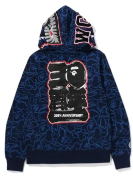 Bape 30th Anniversary Shark Camo Hoodie navy back view in bold camo fleece with striking shark detailing and a clean structured rib knitted hem silhouette.
