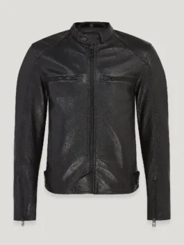Broughton Motorcycle Black Leather Jacket front view in sleek black real leather with an erect collar and a bold sharp motorcycle zip-up everyday build.