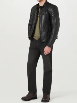 Broughton Motorcycle Black Leather Jacket in bold black real leather with an erect collar, zipper cuffs and a sharp commanding everyday motorcycle silhouette.