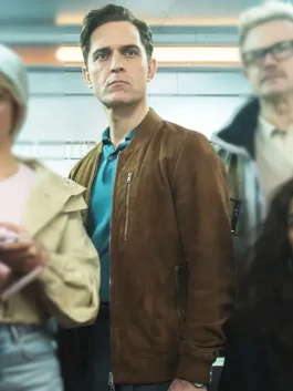 Berlin Pedro Alonso Brown Jacket in professional brown suede with a luxury rib knitted collar.