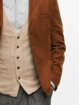 Berlin Tristan Ulloa Brown Blazer in premium brown suede leather with a sharp lapel collar and Tristan Ulloa's polished Berlin character silhouette throughout.