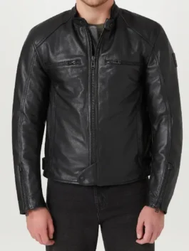 Broughton Motorcycle Black Leather Jacket in rich black real leather with an erect collar and a bold rugged motorcycle zip-up everyday leather jacket build.