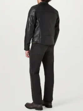 Broughton Motorcycle Black Leather Jacket back view in sleek black real leather with a clean structured erect collar silhouette and sharp everyday motorcycle finish.
