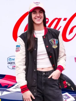 Caitlin Clark Indianapolis Racing Jacket in bold black and white wool with a rib knitted collar and Caitlin Clark's sharp Indianapolis racing everyday presence.