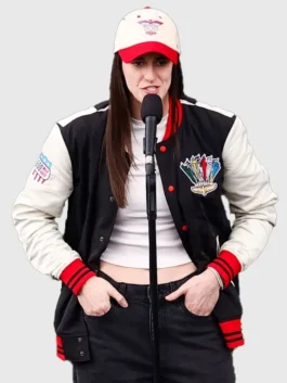 Caitlin Clark Indianapolis Racing Jacket front view in bold black and white wool with a rib knitted collar and Caitlin's sharp Indianapolis racing everyday build.