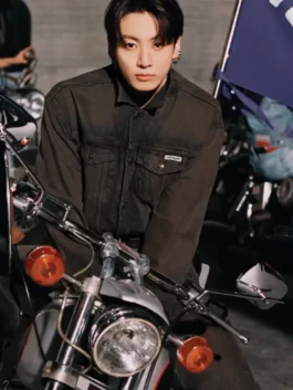 Jung Kook Calvin Klein Denim Trucker Jacket CKJK 2026 edition in bold denim with a shirt collar and Jung Kook's sharp contemporary Calvin Klein everyday build.