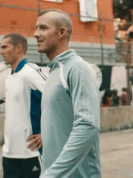Adidas Backyard Legends David Beckham Top in bold blue polyester with a mock neck collar and David Beckham's iconic Backyard Legends football training presence.