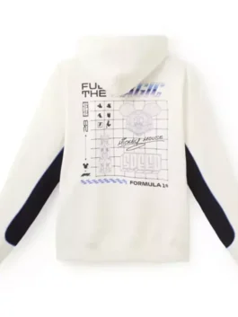 Disney x Formula 1 Velocity Mickey Mouse Hoodie back view in off-white fleece with bold Formula 1 Velocity detailing and a clean structured hooded silhouette.