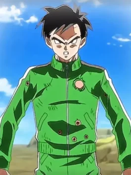 Damaged front jacket view of Dragon Ball Z Gohan Green Tracksuit with zipper and pockets
