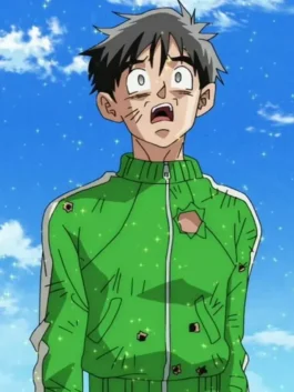 Damaged upper front view of Dragon Ball Z Gohan Green Tracksuit with green jacket