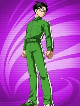 Full standing view of Dragon Ball Z Gohan Green Tracksuit against a purple anime background