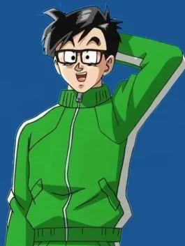 Half body front view of Dragon Ball Z Gohan Green Tracksuit with green zip-up jacket