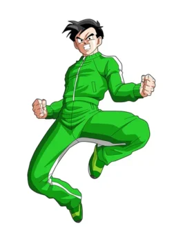 Dragon Ball Z Gohan Green Tracksuit front view with raised knee and green matching set