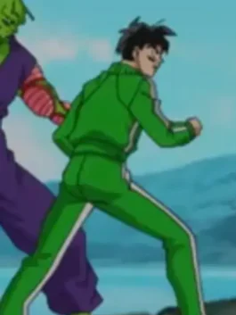 Side running scene of Dragon Ball Z Gohan Green Tracksuit with green jacket and trousers