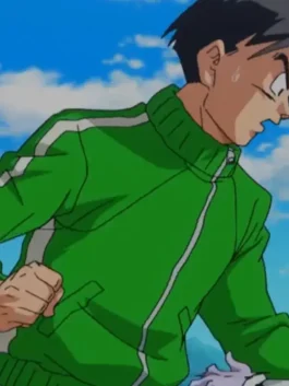 Side upper view of Dragon Ball Z Gohan Green Tracksuit showing zipper and collar detail