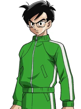 Standing front view of Dragon Ball Z Gohan Green Tracksuit with green jacket and trousers