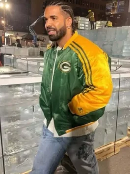 Drake Iceman Packers Green Bay Jacket in green and yellow satin with viscose lining, rib knitted collar, snap tab closure, two side waist and one inner pocket