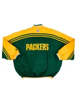 Drake Iceman Packers Green Bay Jacket back view in green and yellow satin with rib knitted collar, snap tab button closure and full length sleeves