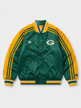 Drake Iceman Packers Green Bay Jacket front view in green and yellow satin with rib knitted collar, snap tab closure, two side waist and one inner pocket