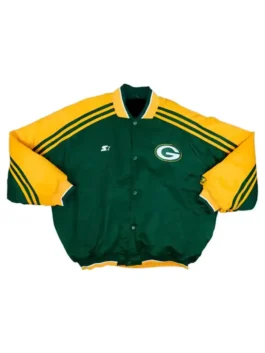 Drake Iceman Packers Green Bay Jacket in green and yellow satin with rib knitted collar, snap tab button closure and rib knitted cuffs and hem