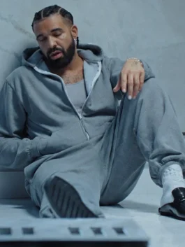 Drake Janice STFU Tracksuit in bold grey fleece with a hooded collar and Drake's fearless Janice STFU music-inspired everyday streetwear presence.