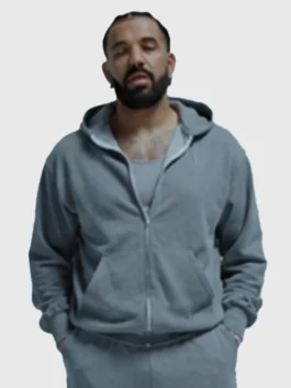 Drake Janice STFU Tracksuit front view in bold grey fleece with a hooded collar, zipper closure and Drake's sharp music-inspired everyday streetwear silhouette.