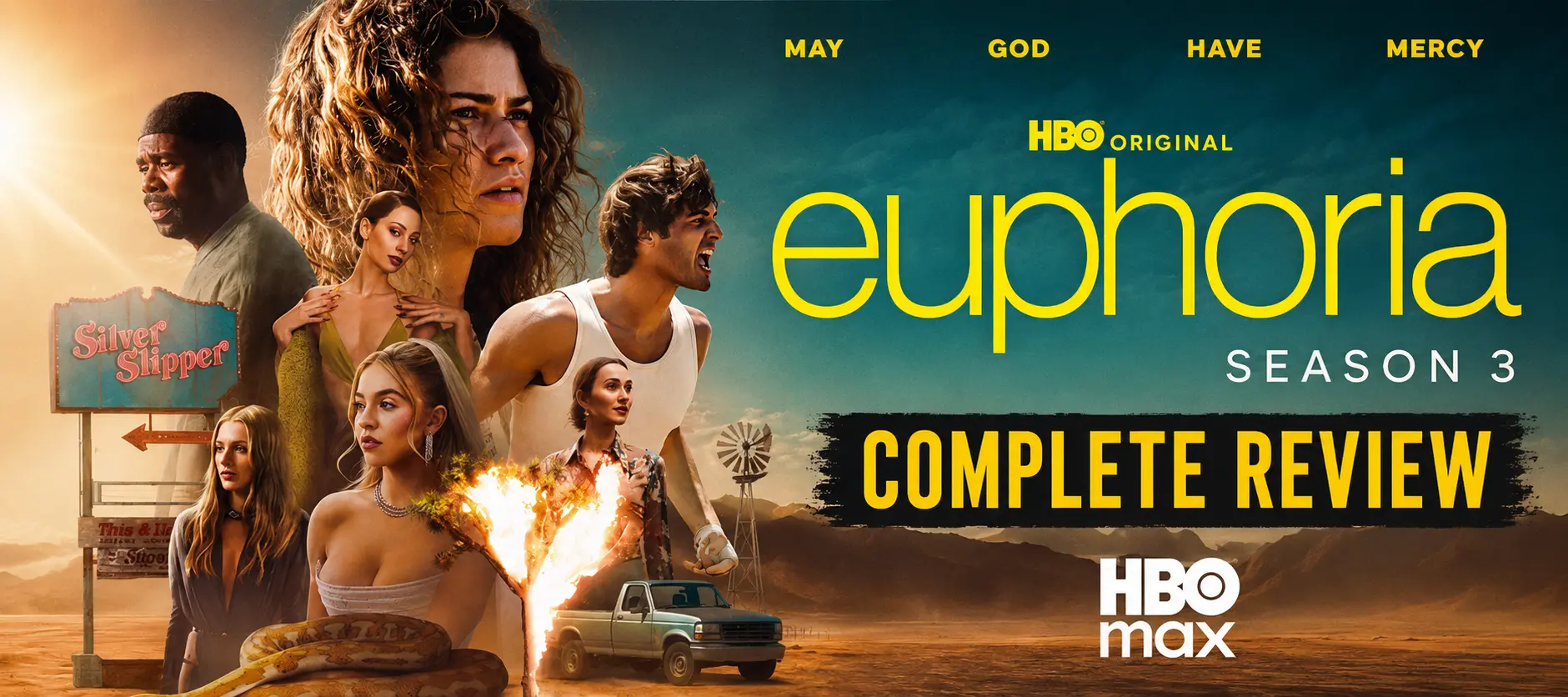 Euphoria Season 3 Complete Review HBO Max banner featuring Zendaya, Jacob Elordi, Sydney Sweeney, and the main cast in a dramatic desert-themed poster design.